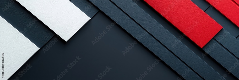 Poster abstract composition of layered geometric shapes in red, white, and black, creating a modern, dynami