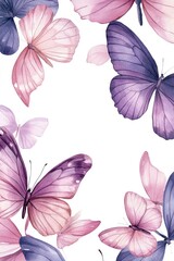 A group of purple and blue butterflies on a white background, great for use in designs about nature, wildlife, or spring themes