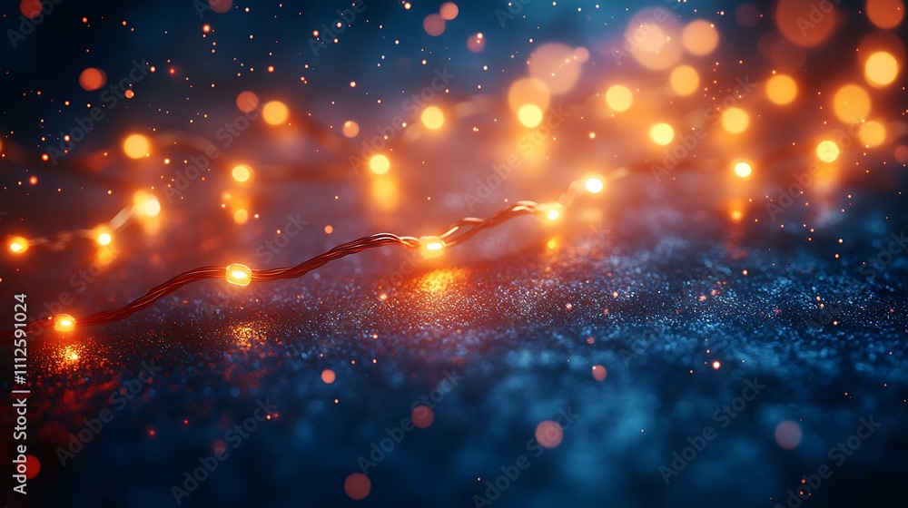 Poster festive string lights glowing on dark textured surface with bokeh effect.