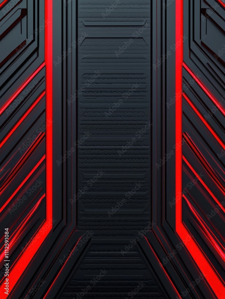 Poster a sleek, modern design featuring black and red angular patterns, creating a futuristic aesthetic.