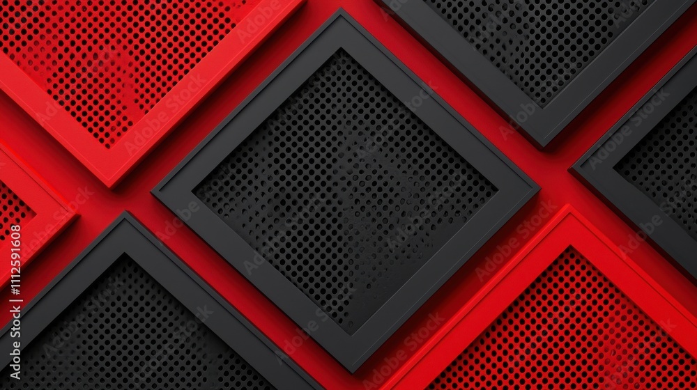 Poster a vibrant geometric pattern featuring red and black textured frames arranged in a captivating design