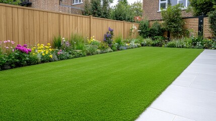Stunning wooden garden fence enhances backyard charm with vibrant flowers and lush green lawn