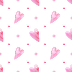 Hearts watercolor background. Seamless hand drawn pattern with pink hearts illustration for valentines day wrapping paper, holidays textile, fabric