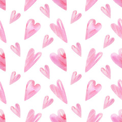 Pink hearts background. Seamless watercolor pattern with hand drawn illustration of cute pink hearts for valentines day wrapping, holidays textile, wallpapers