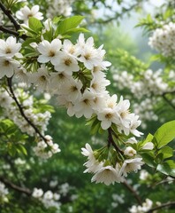 Obraz premium White cherry blossoms set against a tangled backdrop of green leaves in a natural setting, fresh, close-up