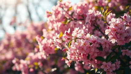 Fototapeta premium A close-up shot of a delicate cluster of pink blossoms blooming on a branch, bathed in the warm glow of sunlight. The soft, pastel petals create a sense of springtime beauty and fragility.