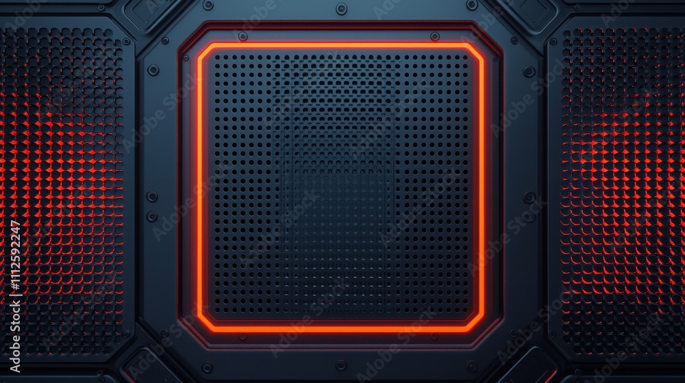 Aufkleber a dark, textured background featuring a central square with glowing orange edges, surrounded by a me