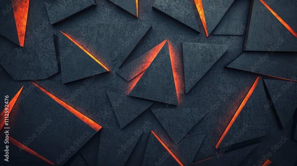 Poster a textured background featuring geometric shapes in dark tones, illuminated by vibrant orange highli