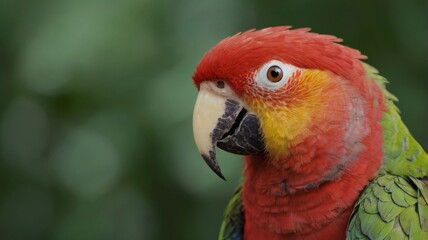 Fototapeta premium Close-up of a vibrant red headed parrot, Parrot, Bird, Close-up, Red, Colorful, Feathers, Wildlife, Exotic, Tropical