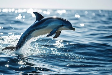 Fototapeta premium Dolphin leaping from glittering ocean under sunlight
