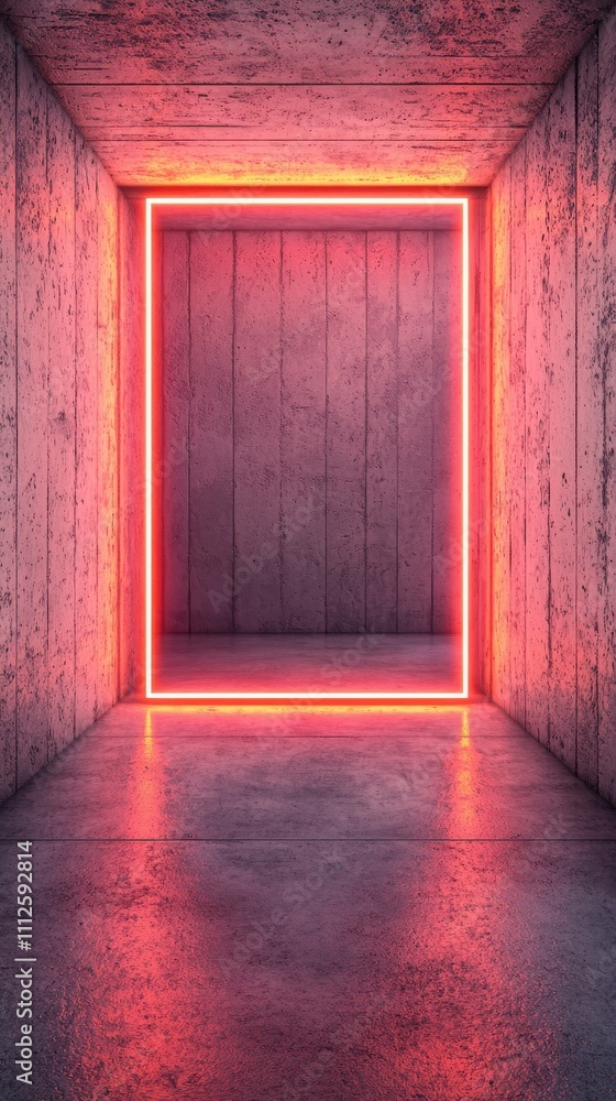 Poster a modern concrete corridor illuminated by a vibrant neon pink frame, creating a striking visual effe