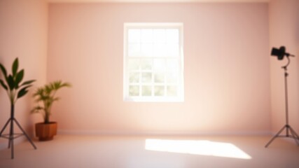 A Softly Lit Room with a Window and Two Plants on Tripods in the Corner