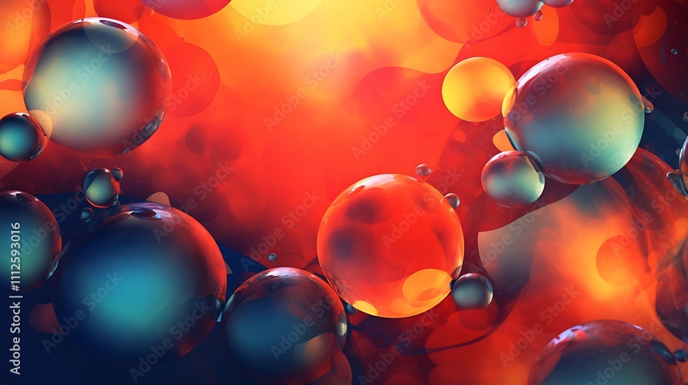 Poster abstract red and teal spheres in a fluid dynamic composition