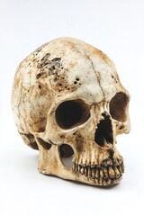 Obraz premium A close-up view of a skull on a white surface, perfect for use in Halloween-themed designs or as a symbol of mortality