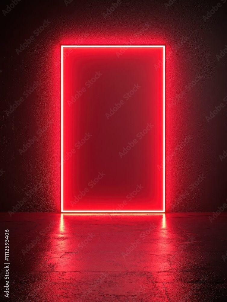 Poster a glowing red rectangular frame illuminates a dark wall, creating a striking contrast and an intrigu