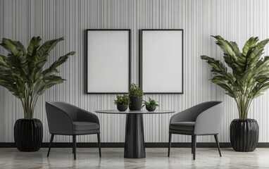 A detailed, high-resolution image of a contemporary dining area with a round table surrounded by two gray chairs, black vases holding green plants on each side