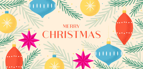 Minimalist beautiful Christmas background with Christmas tree branches, balls, snowflakes and stars. Cover design, ad template.