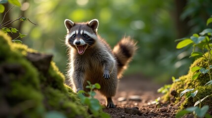 Obraz premium Playful Raccoon Exploring Its Natural Habitat in a Lush Forest - Wildlife Photography, Nature, Forest, Animal Behavior, Cute Creatures, Adventure