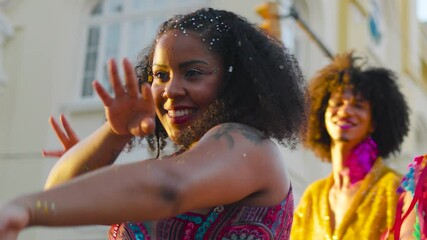 Vivacious Carnival Reveler Enchants in Brazilian Festivities. Radiant Woman Smiles and Dynamic Movement in Street Parade