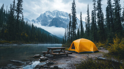 Mountain vista with a vibrant yellow dome tent by lake