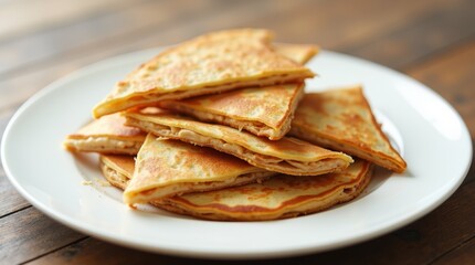 Triangle pancakes with chicken arranged artistically on a white plate with copy space image