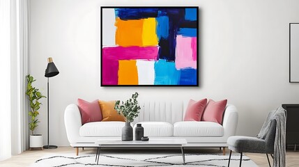 Vibrant Abstract Canvas Art in a Modern Living Room. AI Generated