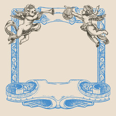 Invitation frame with two angels, illustration in medieval engraving style