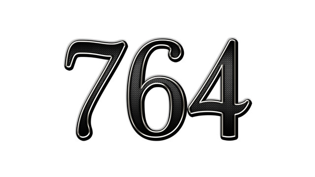 black metal 3d design of number 764 on white background.