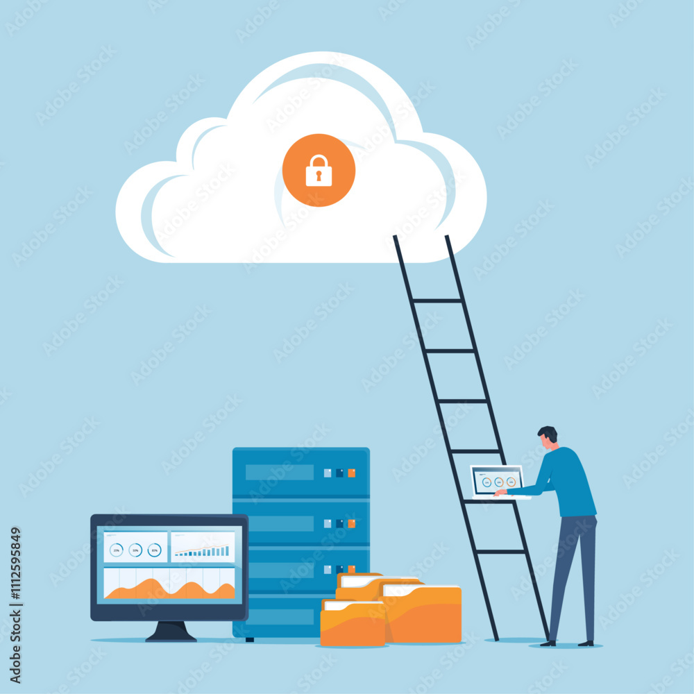 Aufkleber flat design business technology cloud computing service concept and with developer team working concept	
