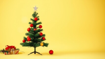 A small Christmas tree with red ornaments and a star on top, adorned with wrapped presents and a single red ornament on a yellow background.