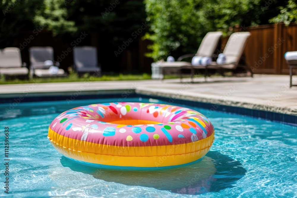 Poster inflatable pool float floating on water, suitable for summer fun or decorative use