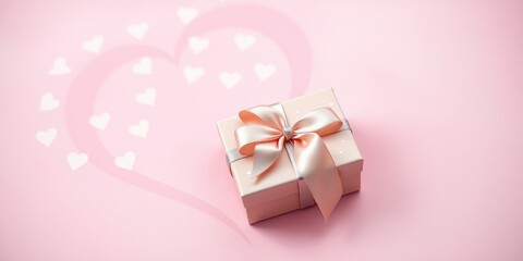 Fototapeta premium A pink gift box with a satin ribbon bow sits in front of a heart shape made from soft light shadows on a delicate pink background.