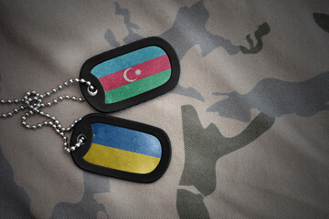 vintage army blank, dog tag with flag of azerbaijan and ukraine on the khaki texture background. military concept.