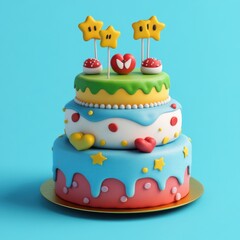 A vibrant, colorful birthday cake with playful decorations, perfect for children's parties and celebrations.