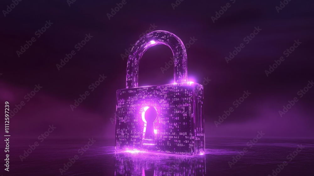 Poster a creative image of a holographic lock glowing with binary code