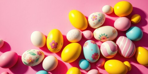 Obraz premium A pastel pink background with brightly colored Easter eggs decorated with floral patterns and stripes.