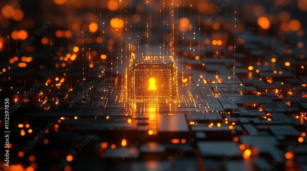 Poster a creative representation of a glowing lock in a secure digital network