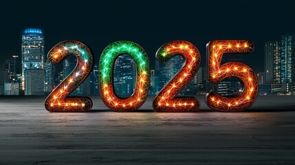 Brightly lit 2025 numbers with city skyline for new year.