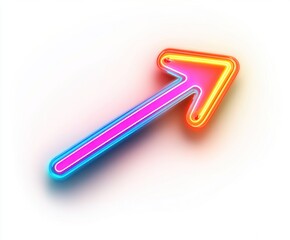 Here's a  and keyword list for your stock photo.. Neon arrow pointing diagonally upward, vibrant colors on white.