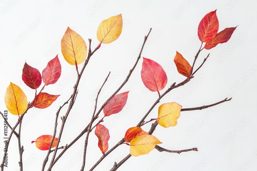 Poster a close-up of a bunch of leaves attached to a tree branch, highlighting the texture and colors