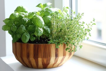 Fototapeta premium Fresh herbs on a rustic wooden planter on a sunny window sill