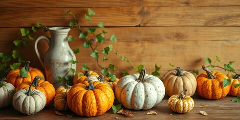 A Still Life Arrangement of Gourds and a Pitcher Surrounded by Ivy on a Rustic Wooden Background