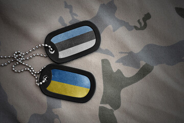vintage army blank, dog tag with flag of estonia and ukraine on the khaki texture background....