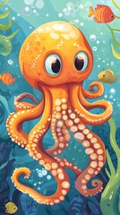 Fototapeta premium Octopus and beautiful underwater scenery, Underwater Scene with Incredible Commotion of an Octopus