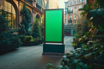 Vertical Blank Green Screen Billboard Mockup in Lush Library Courtyard