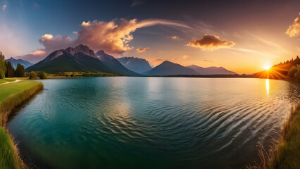Sunset over the lake. Amazing panorama landscape