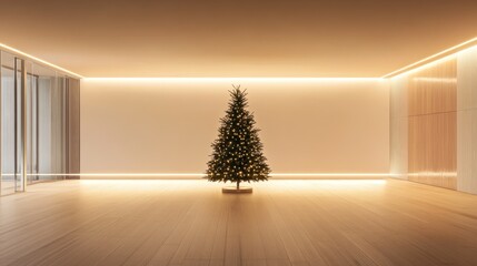 Minimalist space with a glowing Christmas tree center