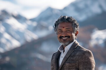 Portrait of a smiling indian man in his 40s dressed in a stylish blazer while standing against snowy mountain range