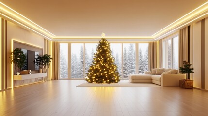 Luxurious living room with glowing Christmas tree