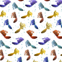 Multicolored fish in a pattern.Vector seamless pattern with colorful beautiful fish on a transparent background with bubbles.